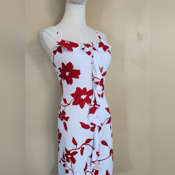 90's White/Red Floral Ruffle Dress, Women's S - Picture 2 of 9